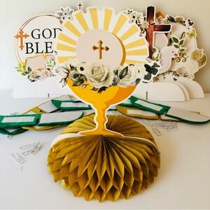 9 Piece First Communion/Baptism Decorations Honeycomb Centerpieces Table Décor